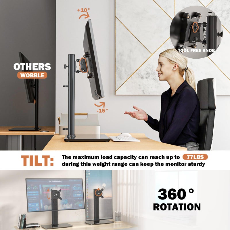 Hemudu Single LCD Computer Monitor Free-Standing Desk Stand Mount Riser for 13 inch to 32 inch screen with Swivel, Height Adjustable, Rotation, Vesa Base Stand Holds One (1) Screen up to 77Lbs(HT05B-001)) - Image 5